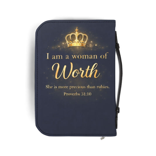 Bible Cover – "I Am a Woman of Worth" Zippered Bible Case (Proverbs 31:10)