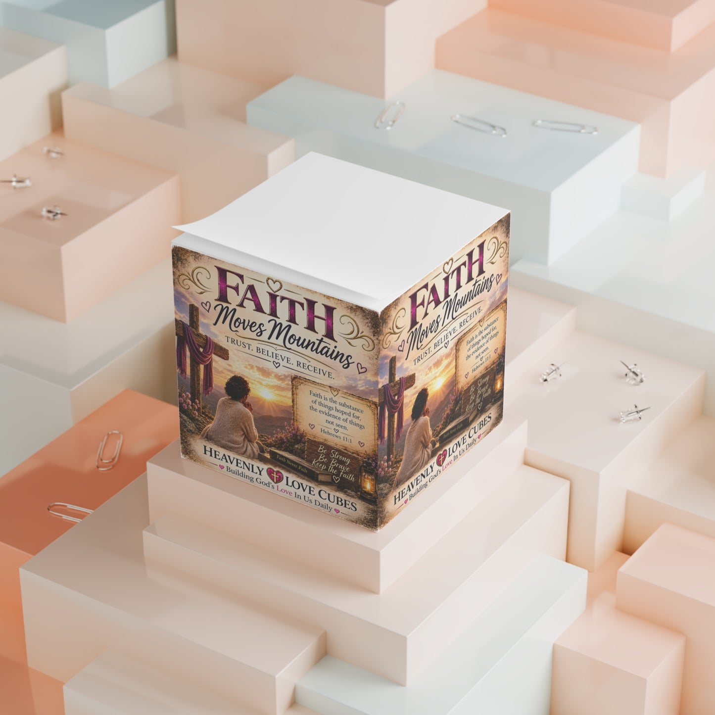 Heavenly Love Cube "Faith Moves Mountains"– Inspirational Scripture Sticky Notes (Hebrews 11:1)