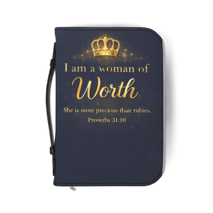 Bible Cover – "I Am a Woman of Worth" Zippered Bible Case (Proverbs 31:10)