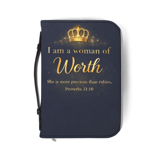 Bible Cover – "I Am a Woman of Worth" Zippered Bible Case (Proverbs 31:10)