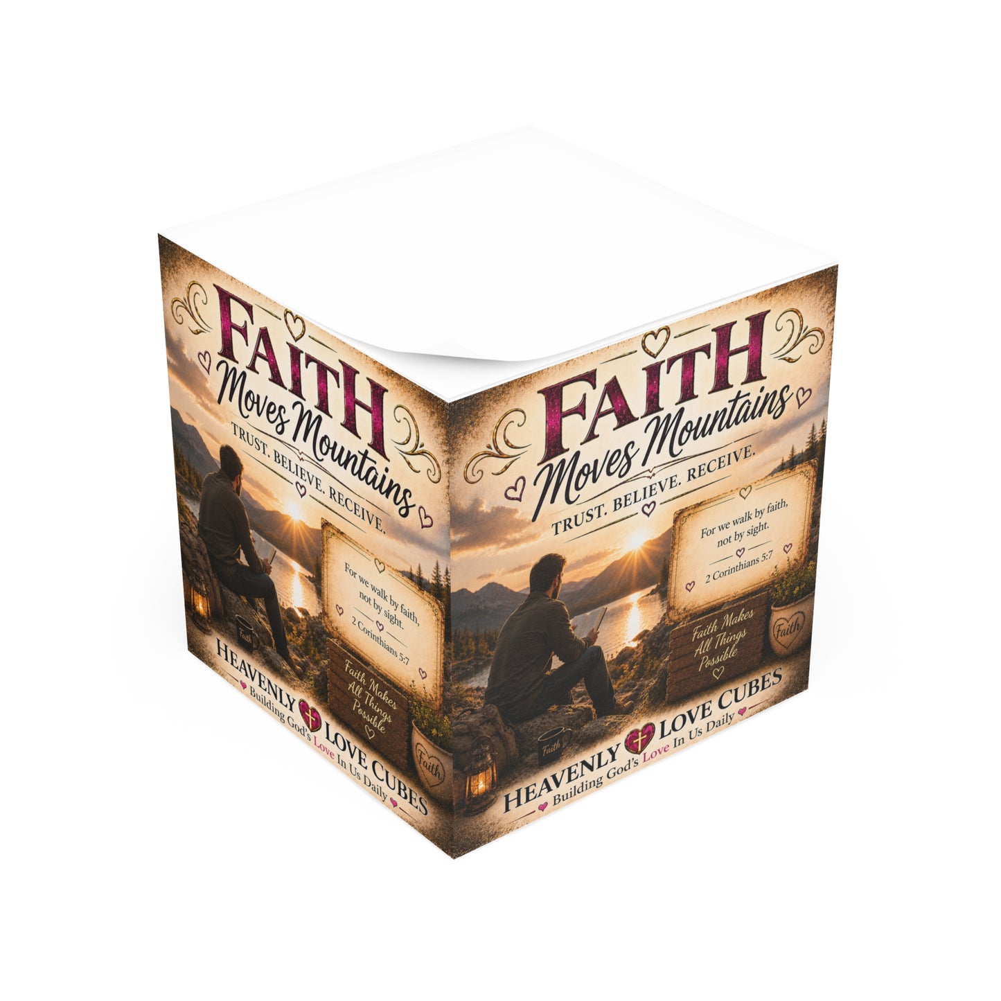 Heavenly Love Cubes Faith Moves Mountains — Inspirational Religious Sticky Note Cube (2 Corinthians 5:7)