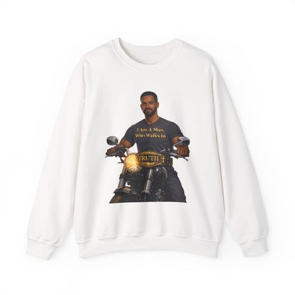 Motorcycle Crewneck Sweatshirt — "I Am A Man Who Walks In Truth" Graphic