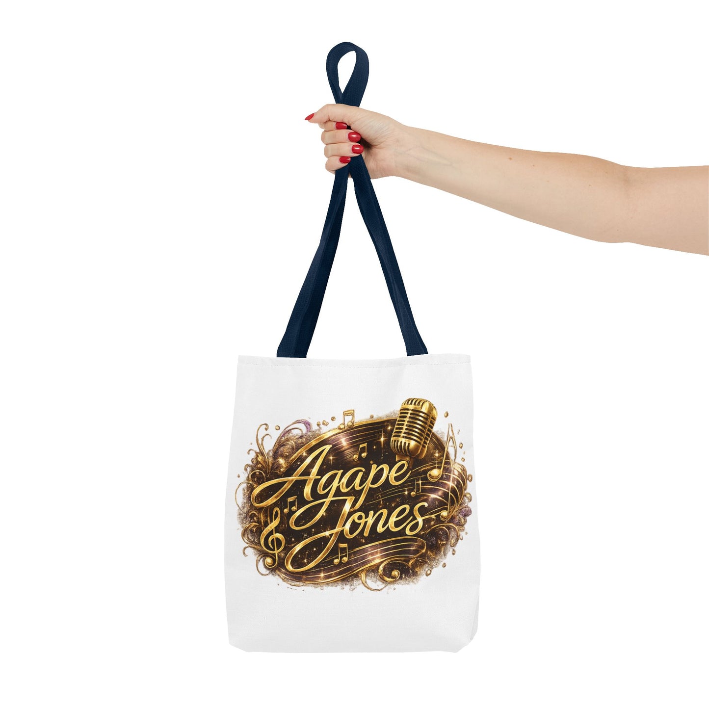 Music Microphone Tote Bag — "Agape Jones" Gold Script Design