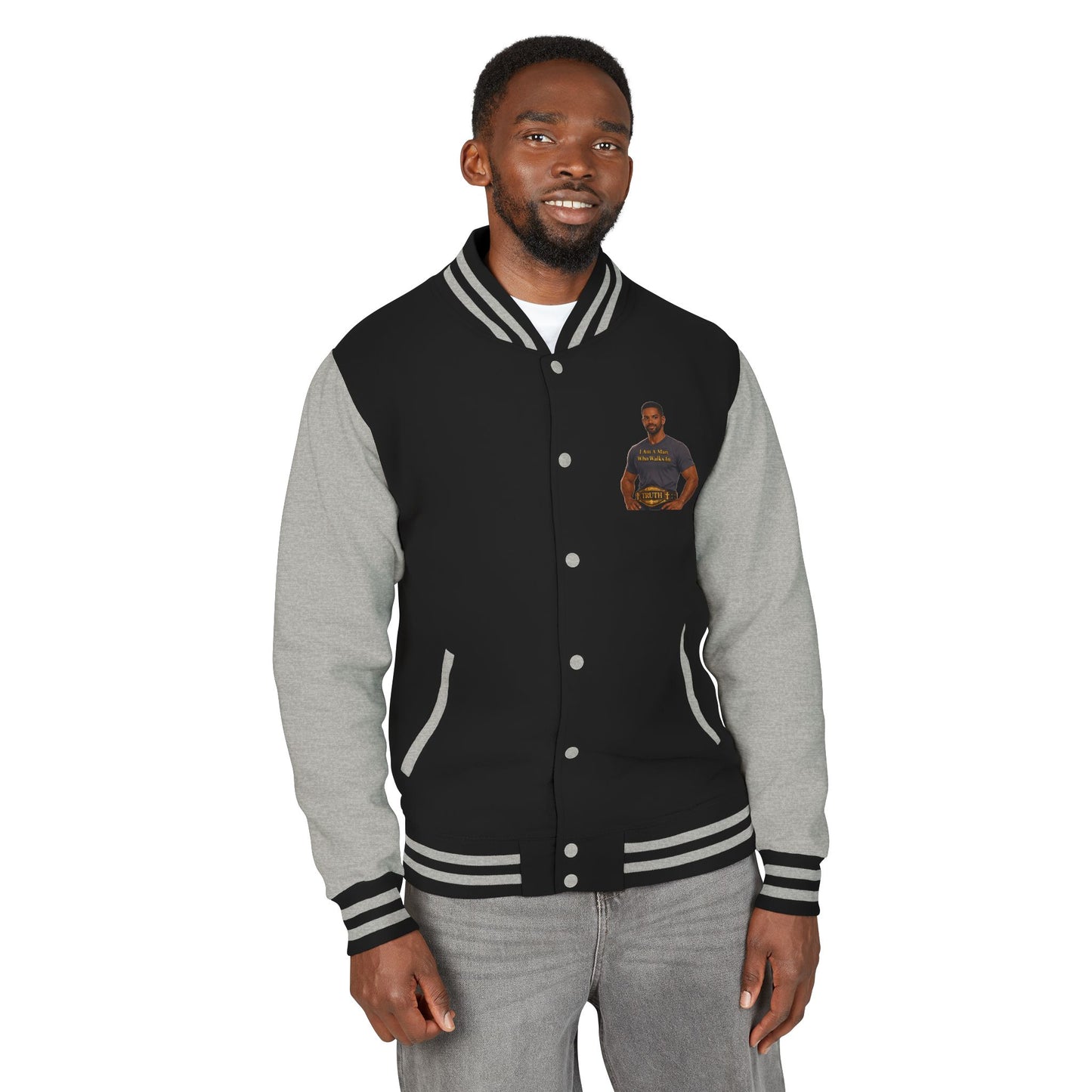Letterman Jacket — "I Am a Man Who Walks in Truth" Graphic Varsity Jacket
