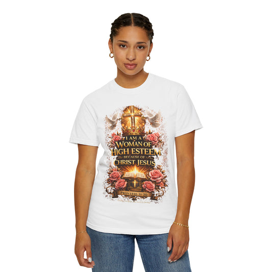 Christian Women’s T‑Shirt — “A Woman of High Esteem” Scripture Tee (Proverbs 31:10)