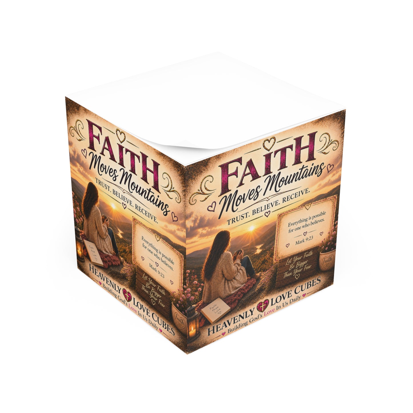 Heavenly Love Cubes Faith Moves Mountains  – Inspirational Religious Sticky Notes with Bible Verse (Mark 9:23)