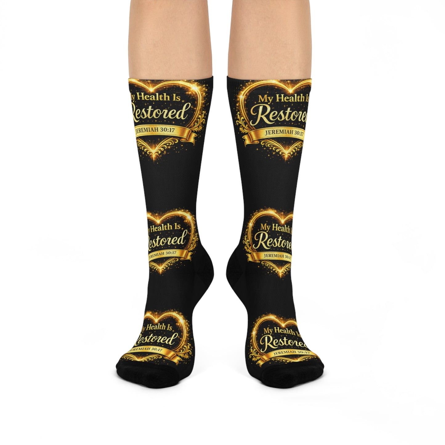 Cushioned Crew Socks — “My Health Is Restored” Inspirational Scripture Socks (Jeremiah 30:17)