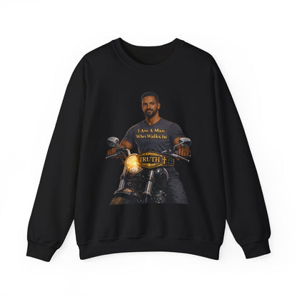 Motorcycle Crewneck Sweatshirt — "I Am A Man Who Walks In Truth" Graphic