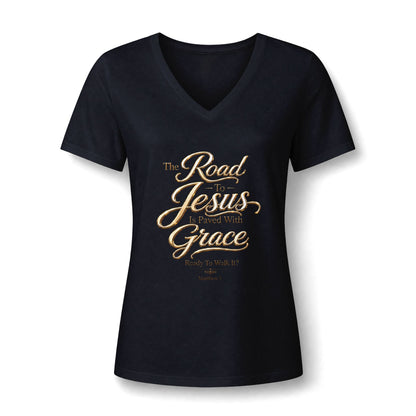 Christian V-Neck Tee - "The Road to Jesus Is Paved with Grace" Inspirational Women's Shirt
