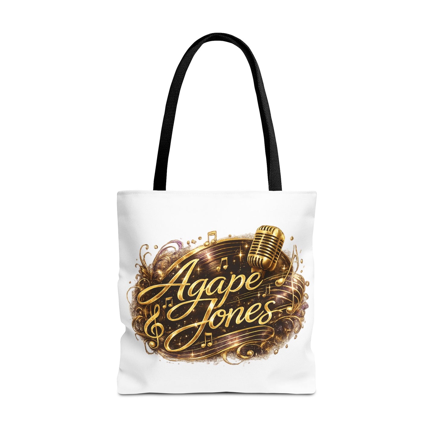 Music Microphone Tote Bag — "Agape Jones" Gold Script Design
