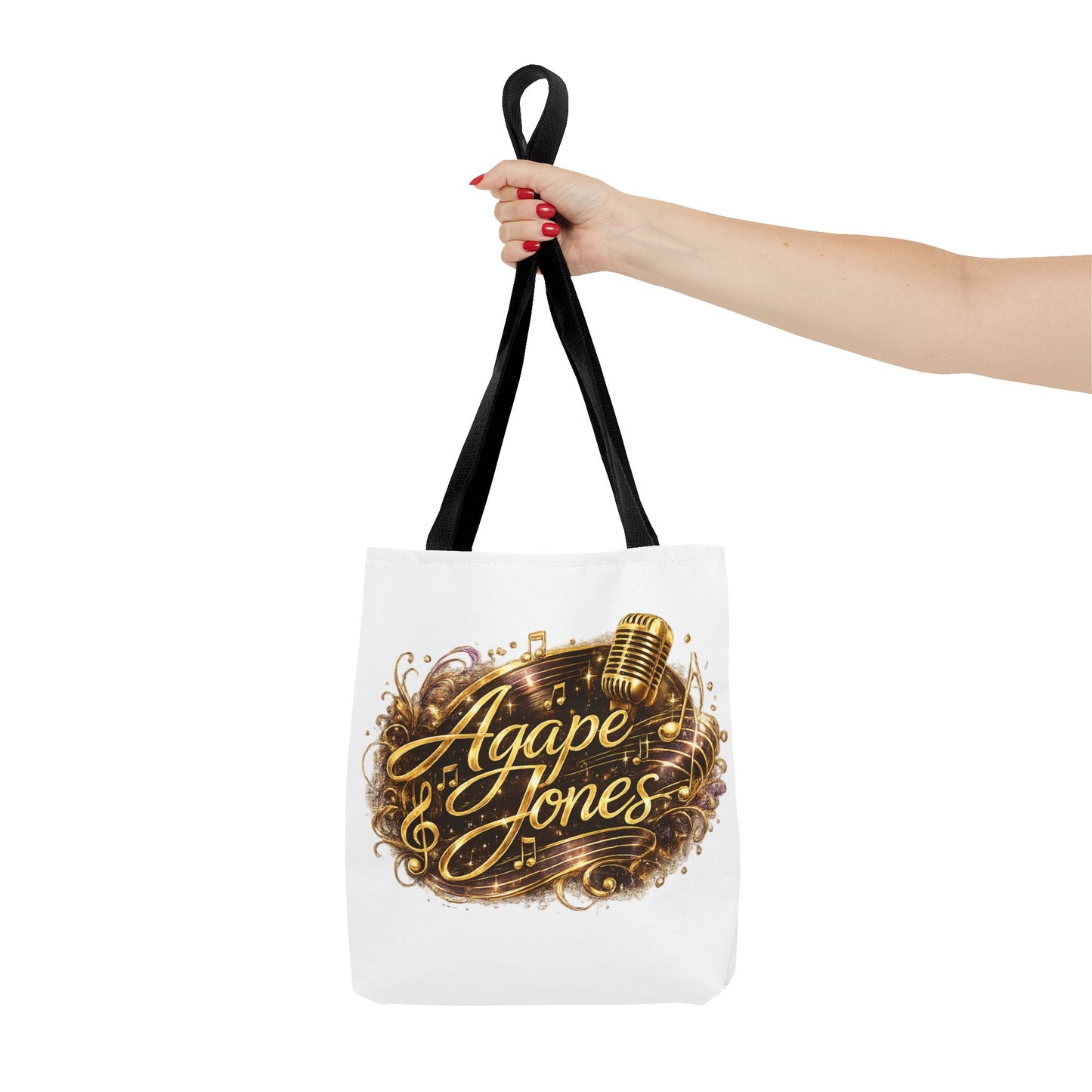 Music Microphone Tote Bag — "Agape Jones" Gold Script Design