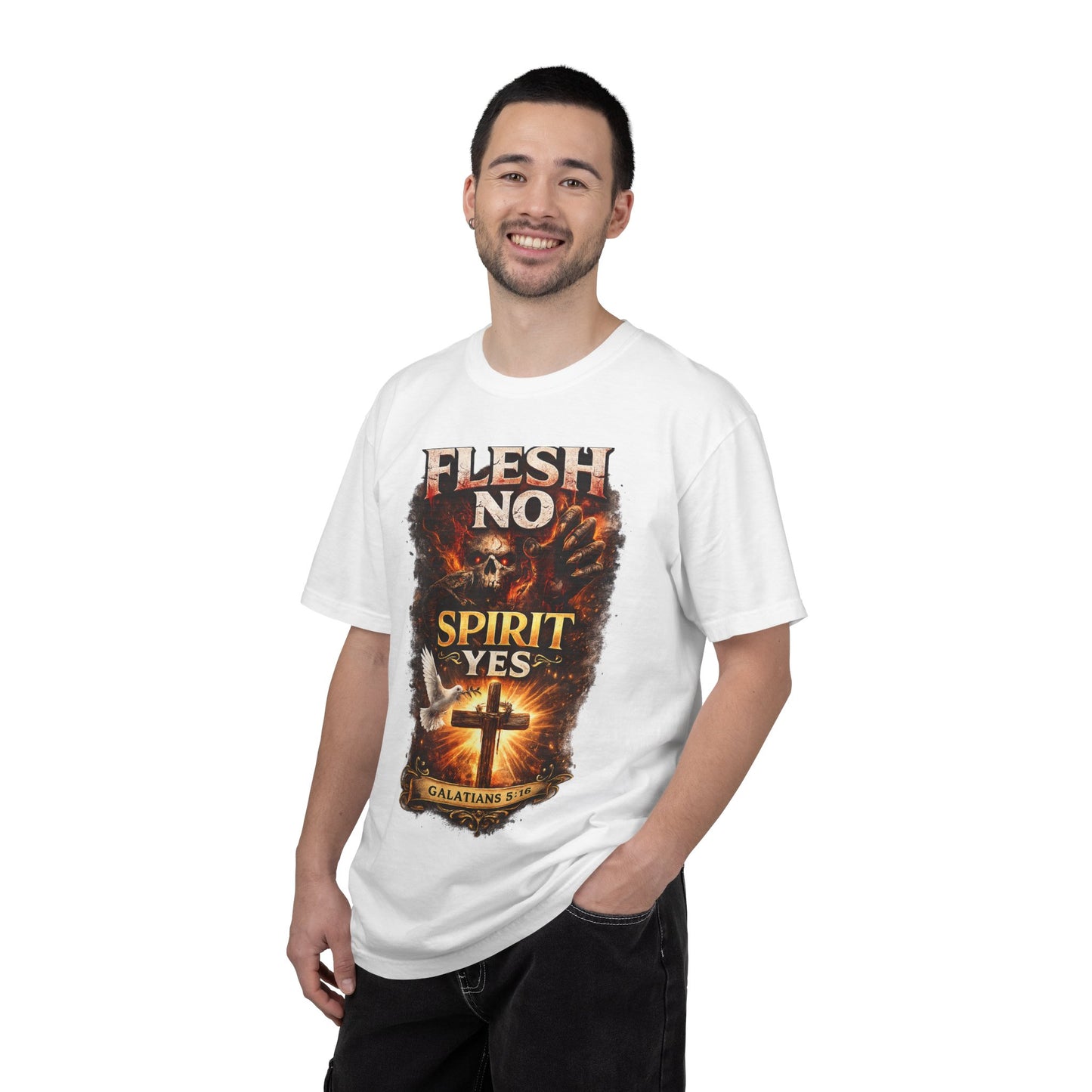 Flesh No Spirit Yes T-Shirt – Christian Faith Cross Graphic Tee (Galatians 5:16)