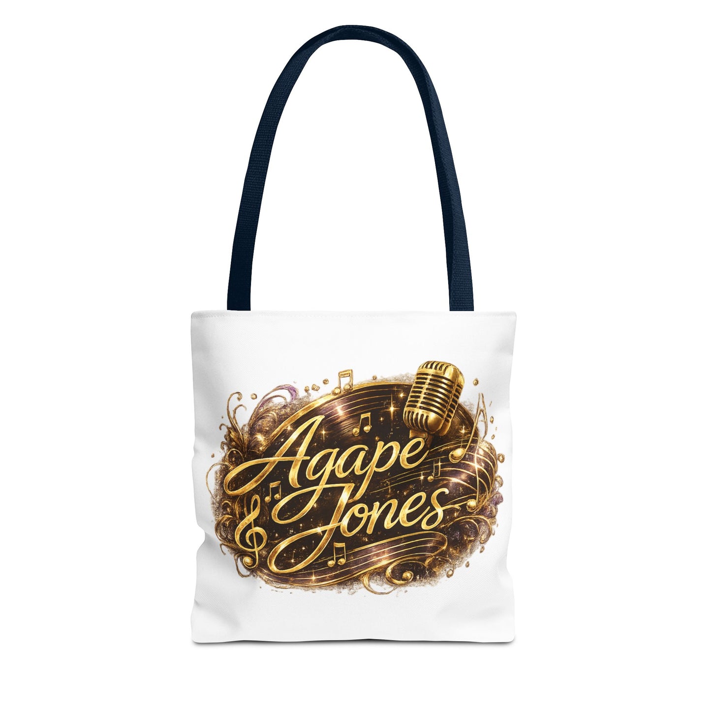 Music Microphone Tote Bag — "Agape Jones" Gold Script Design