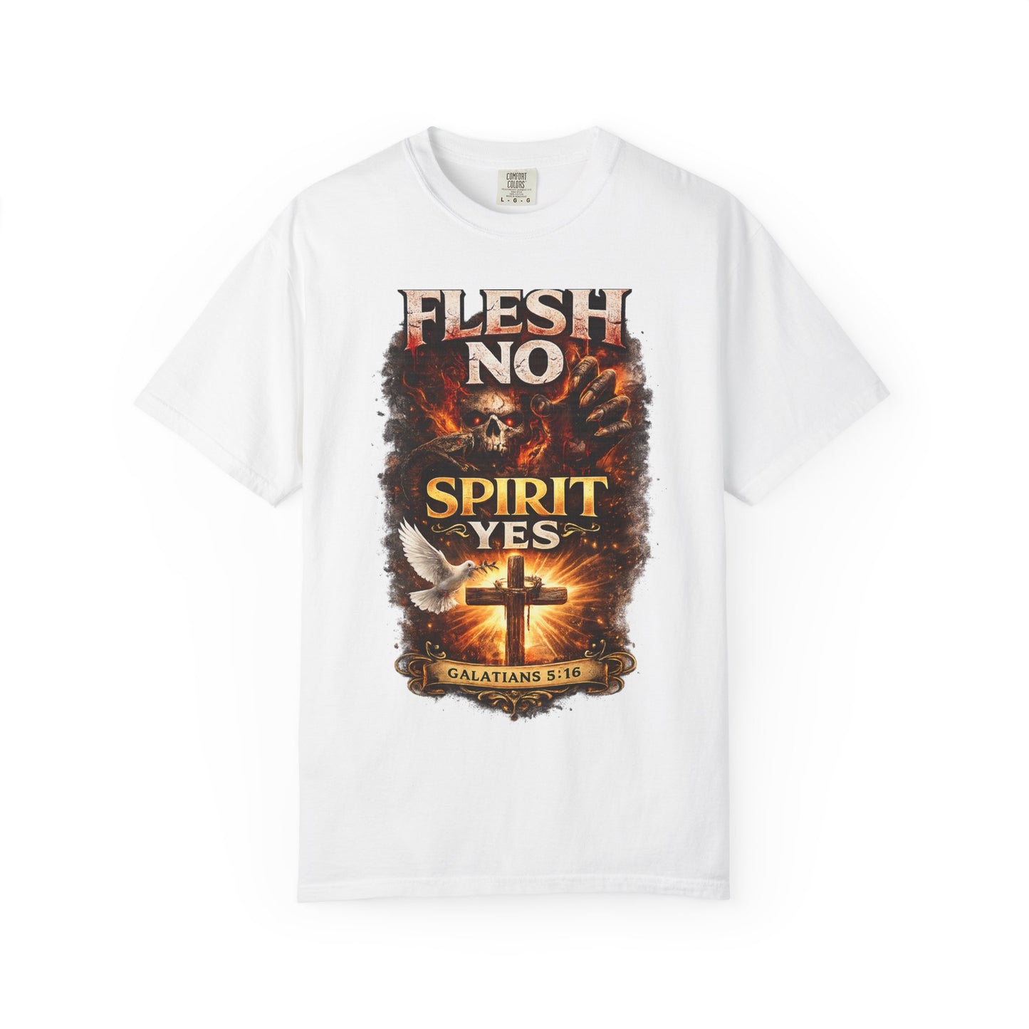 Flesh No Spirit Yes T-Shirt – Christian Faith Cross Graphic Tee (Galatians 5:16)