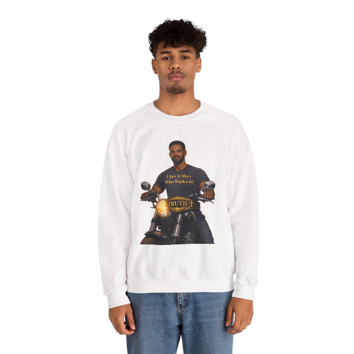 Motorcycle Crewneck Sweatshirt — "I Am A Man Who Walks In Truth" Graphic