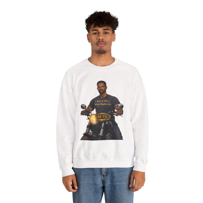 Motorcycle Crewneck Sweatshirt — "I Am A Man Who Walks In Truth" Graphic