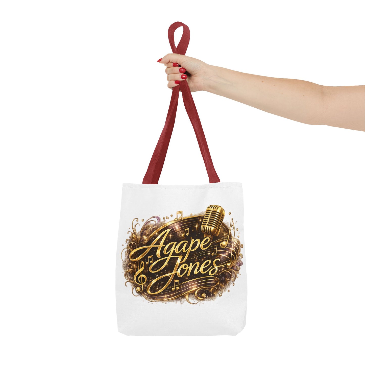 Music Microphone Tote Bag — "Agape Jones" Gold Script Design