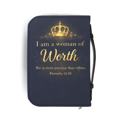 Bible Cover – "I Am a Woman of Worth" Zippered Bible Case (Proverbs 31:10)