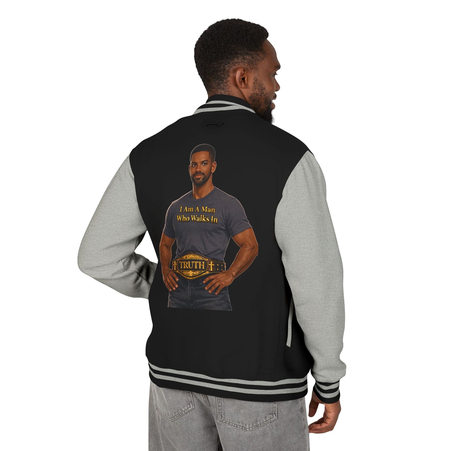 Letterman Jacket — "I Am a Man Who Walks in Truth" Graphic Varsity Jacket