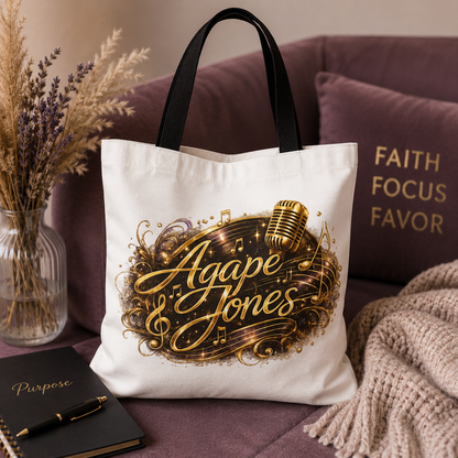 Music Microphone Tote Bag — "Agape Jones" Gold Script Design