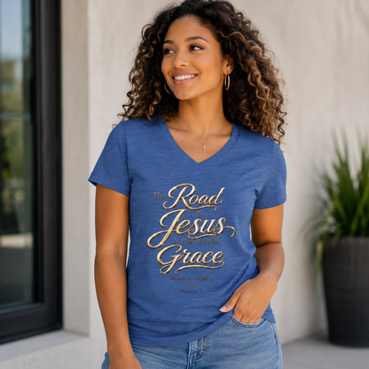 Christian V-Neck Tee - "The Road to Jesus Is Paved with Grace" Inspirational Women's Shirt