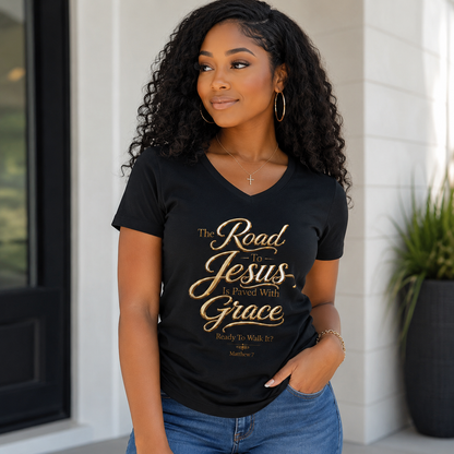 Christian V-Neck Tee - "The Road to Jesus Is Paved with Grace" Inspirational Women's Shirt