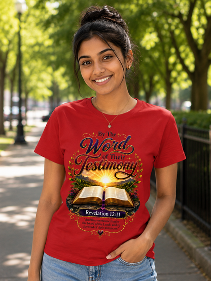 Bible Verse T-Shirt — "By The Words of Their Testimony" (Revelation 12:11)