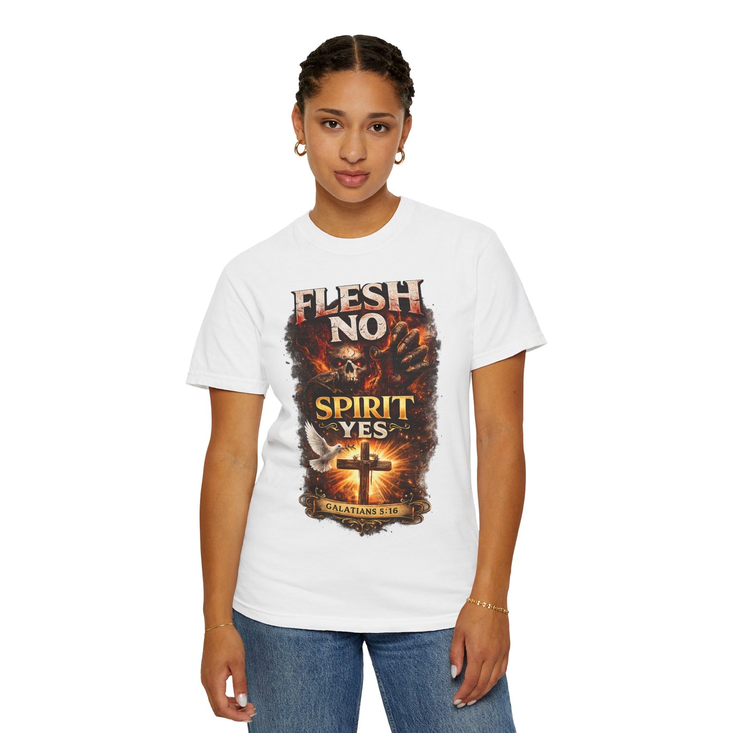 Flesh No Spirit Yes T-Shirt – Christian Faith Cross Graphic Tee (Galatians 5:16)