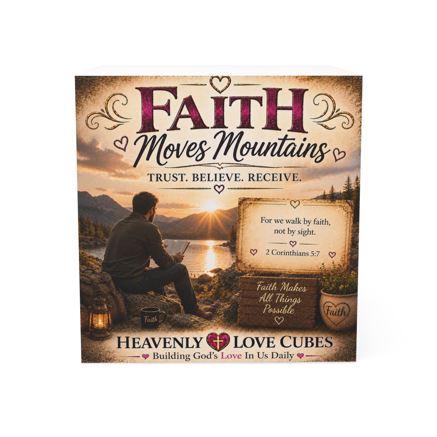Heavenly Love Cubes Faith Moves Mountains — Inspirational Religious Sticky Note Cube (2 Corinthians 5:7)