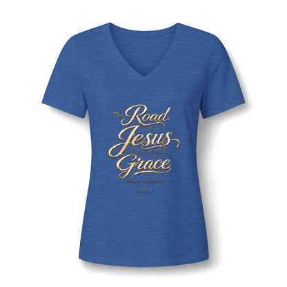 Christian V-Neck Tee - "The Road to Jesus Is Paved with Grace" Inspirational Women's Shirt