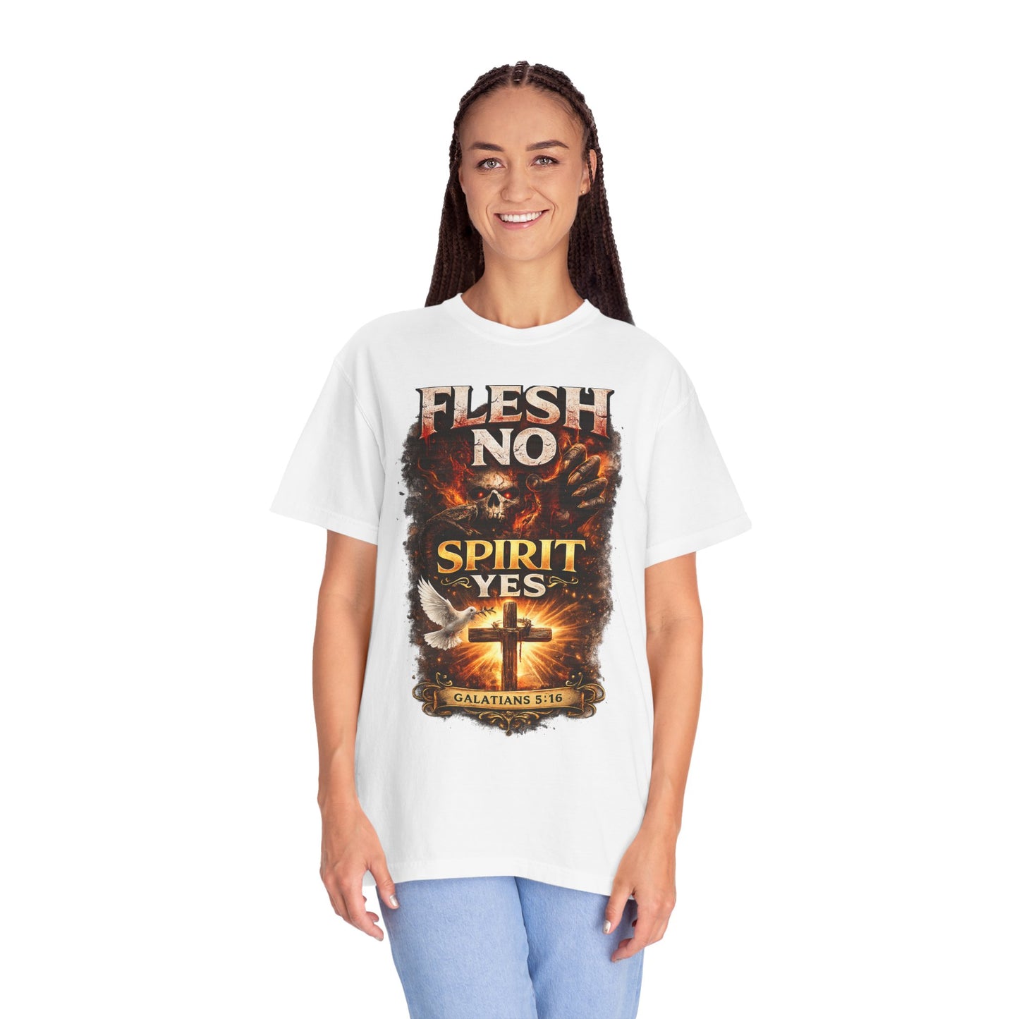 Flesh No Spirit Yes T-Shirt – Christian Faith Cross Graphic Tee (Galatians 5:16)