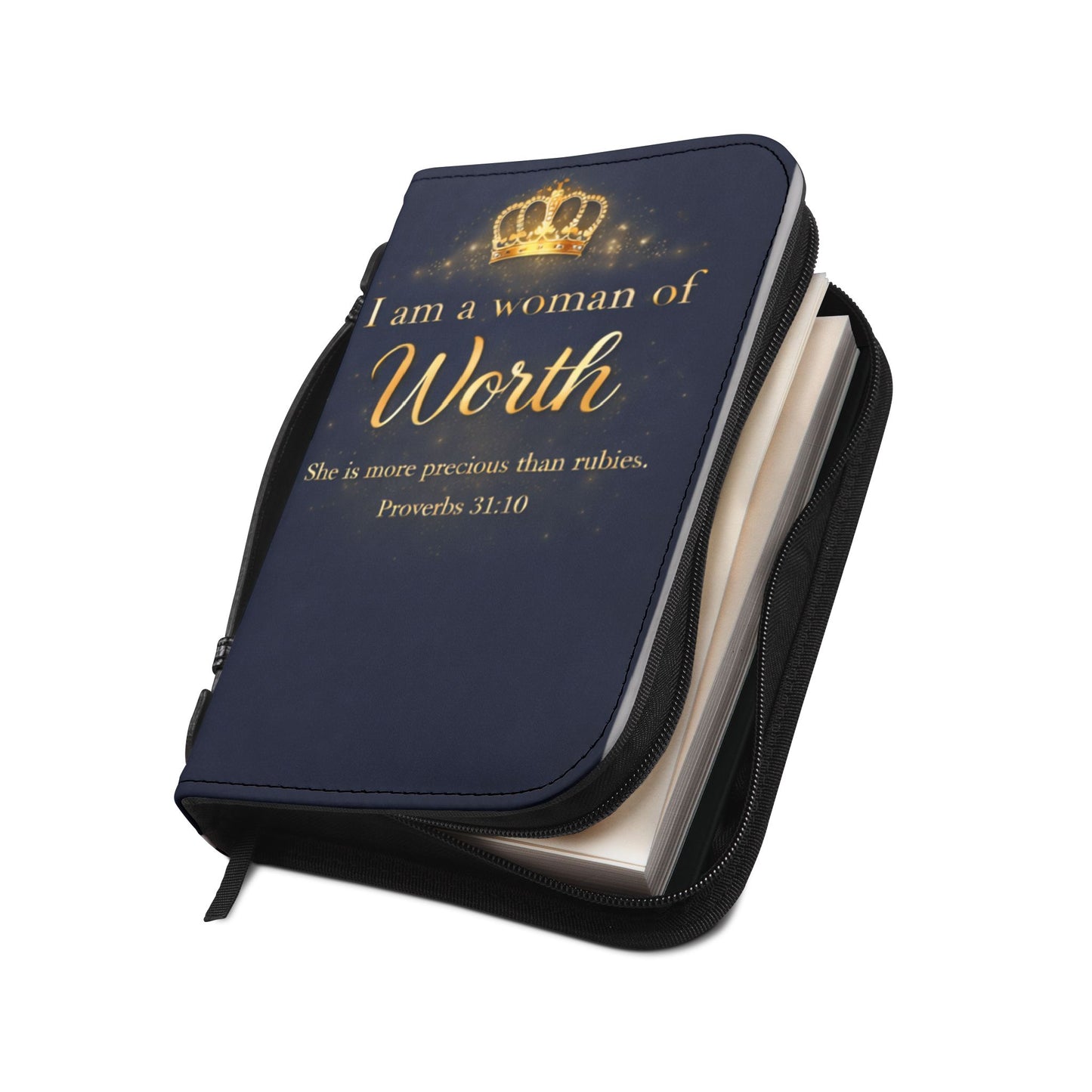 Bible Cover – "I Am a Woman of Worth" Zippered Bible Case (Proverbs 31:10)