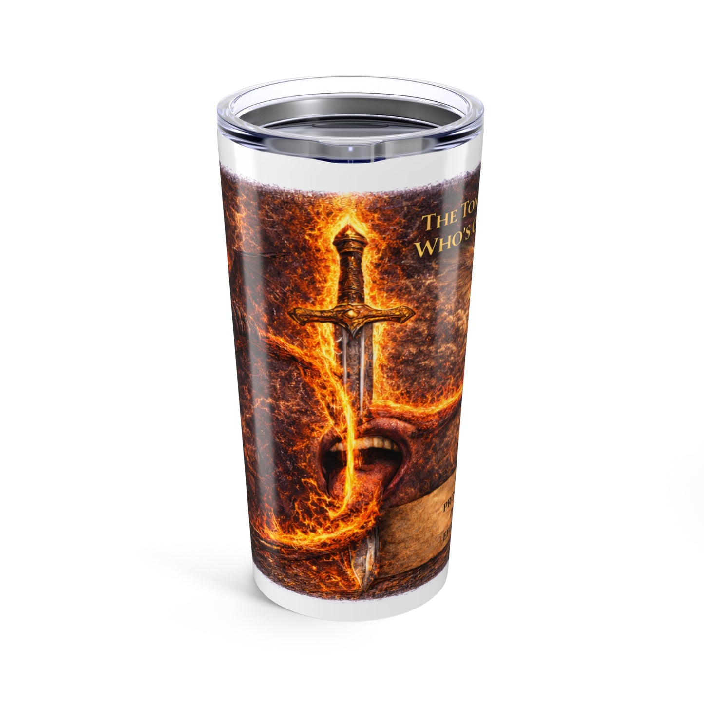 20oz Tumbler - Flaming Sword & Angel Wings Design- Inspirational Christian Travel Mug