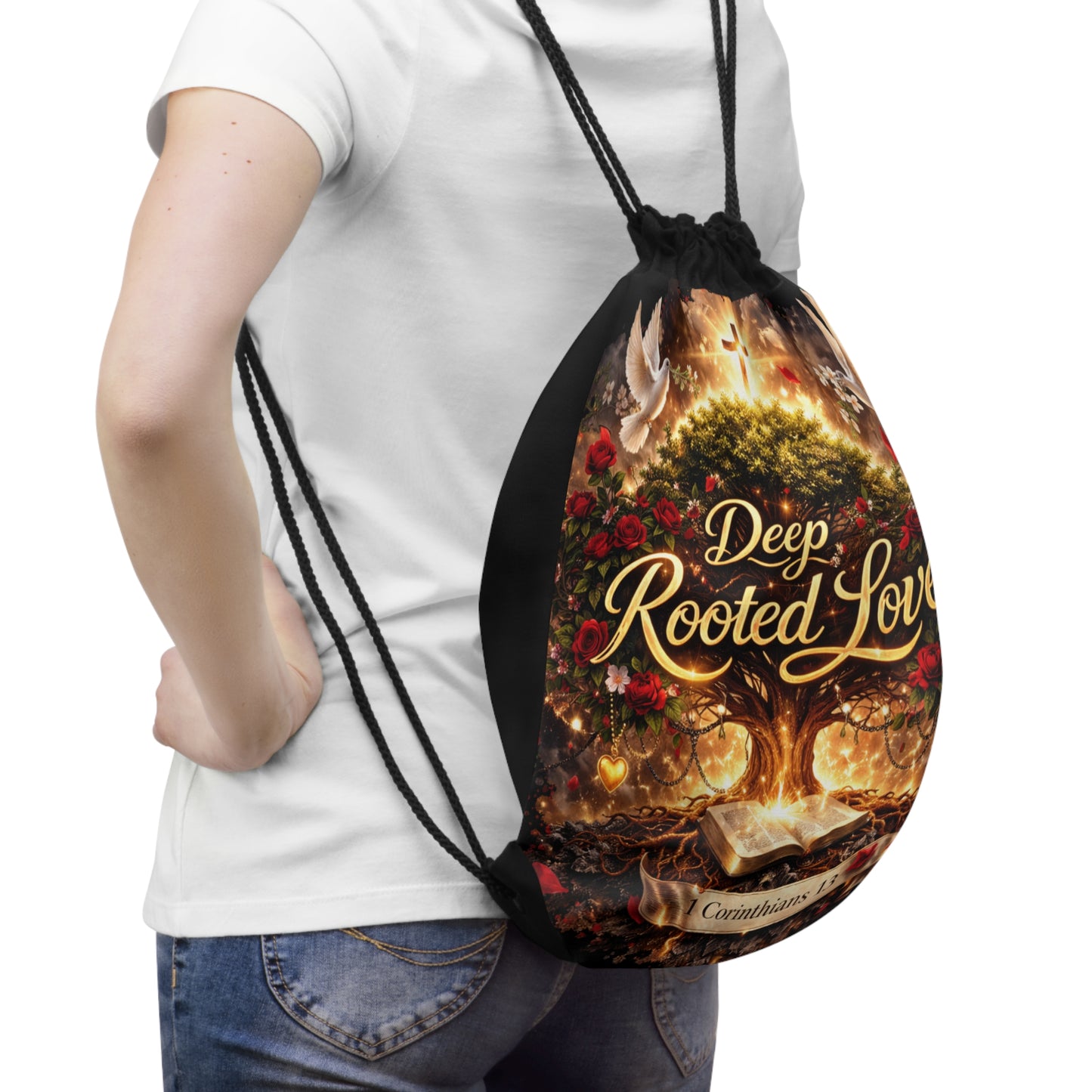 Deep Rooted Love Drawstring Bag — Corinthians 13 Christian Faith Backpack