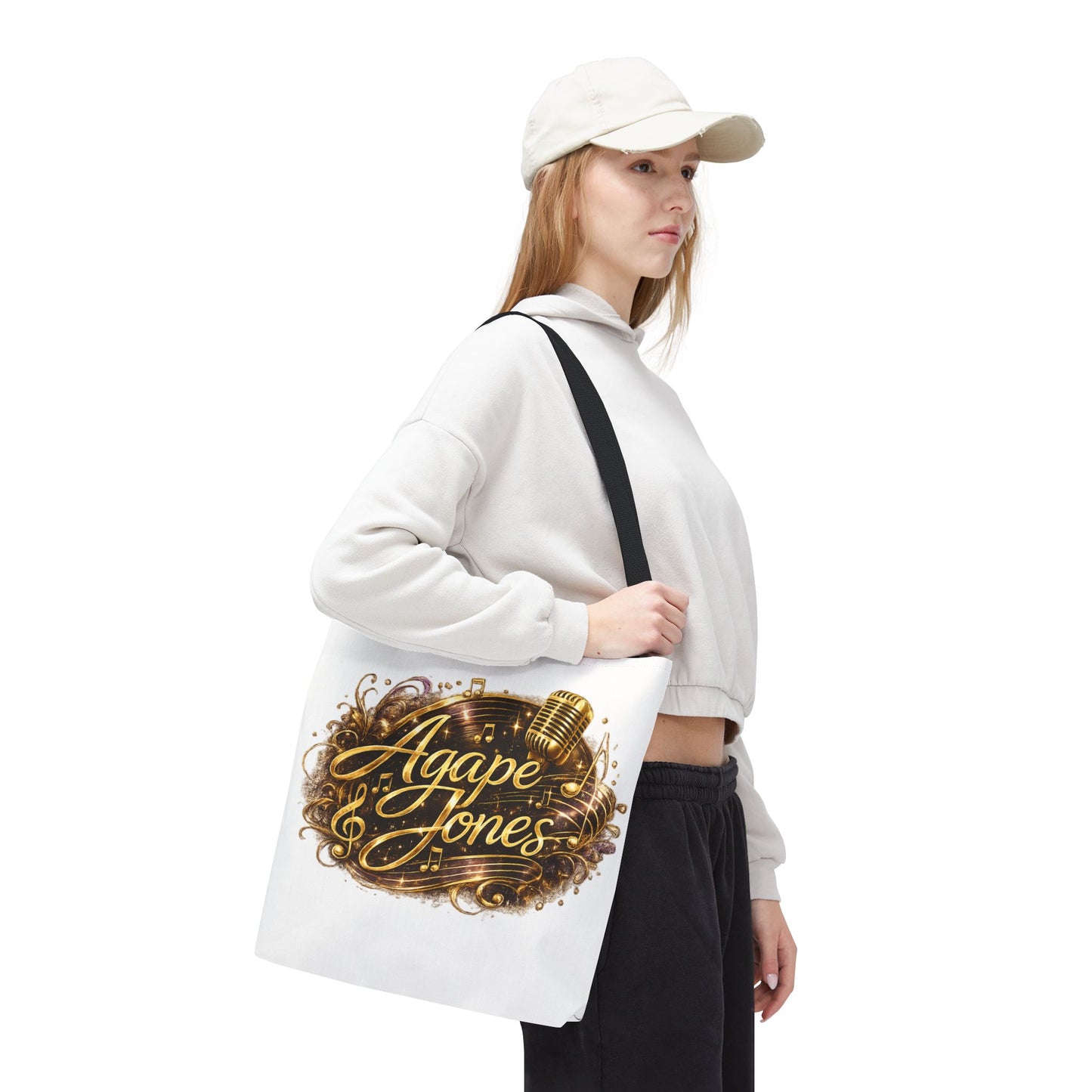Music Microphone Tote Bag — "Agape Jones" Gold Script Design