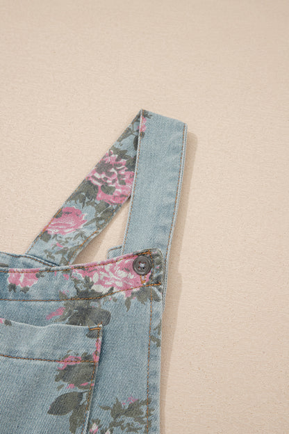 Beau Blue Floral Print Pleated High Waist Wide Leg Denim Jumpsuit