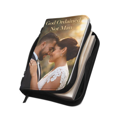 Bible Cover — “God Ordained Not Man” Wedding Bible Cover with Mark 10:9 Verse & Rings