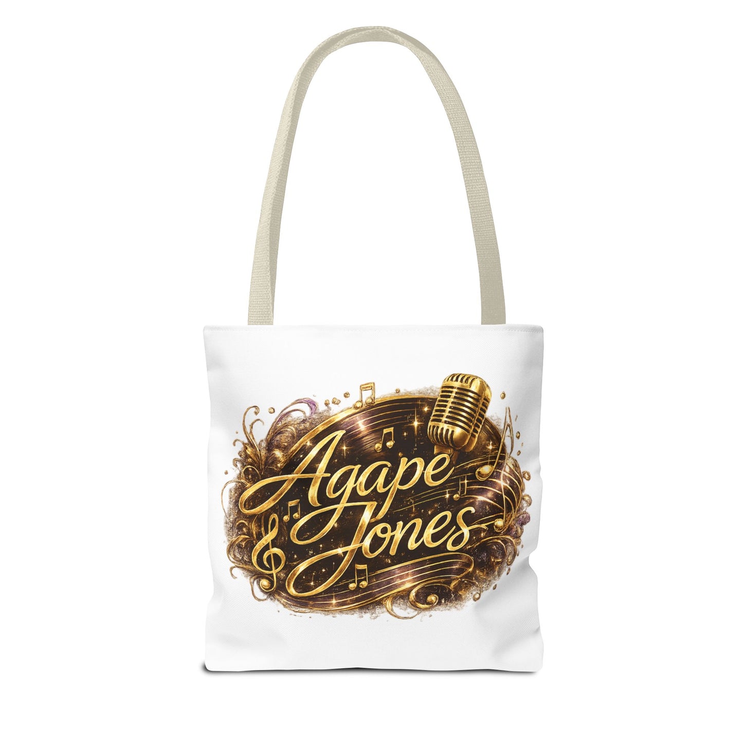 Music Microphone Tote Bag — "Agape Jones" Gold Script Design
