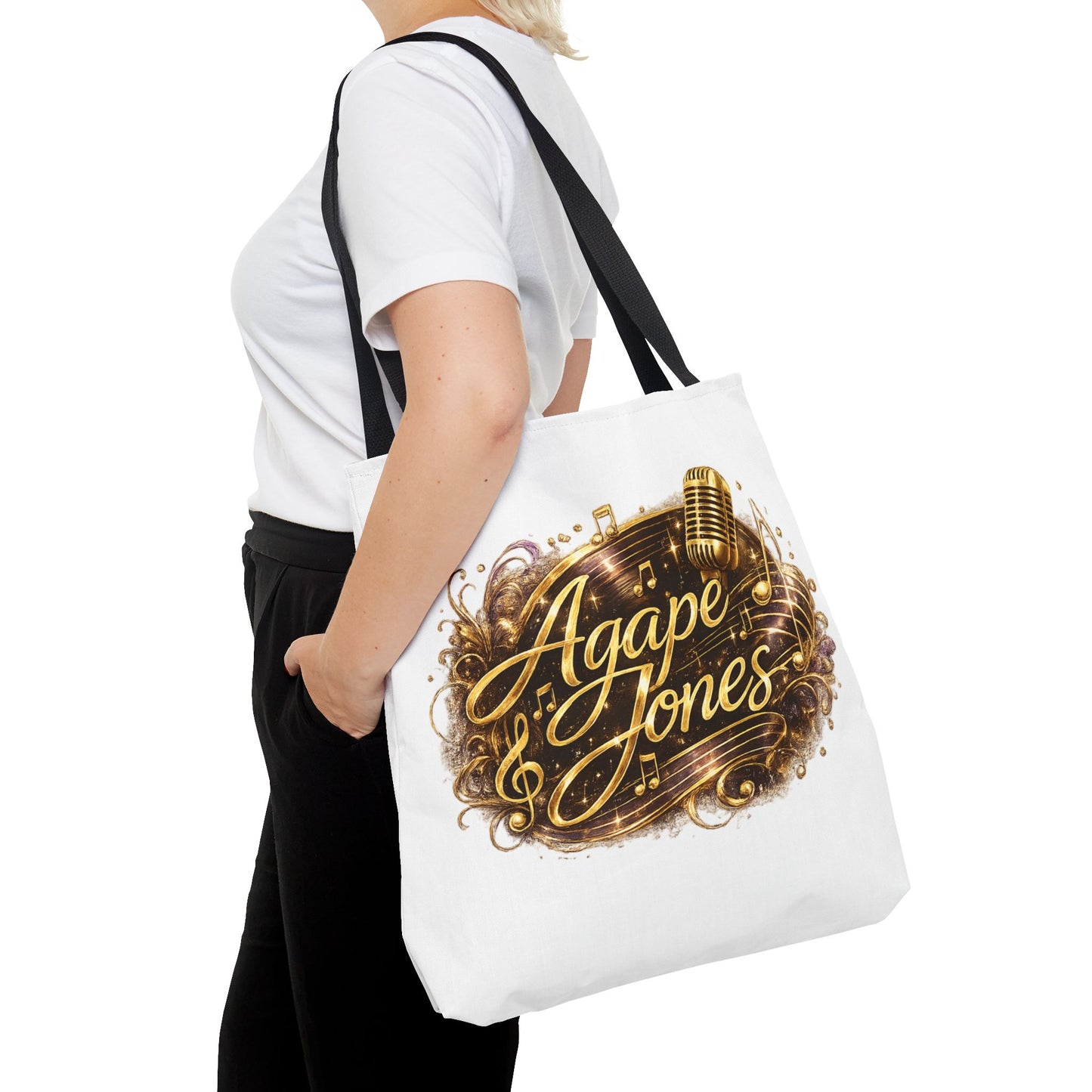 Music Microphone Tote Bag — "Agape Jones" Gold Script Design