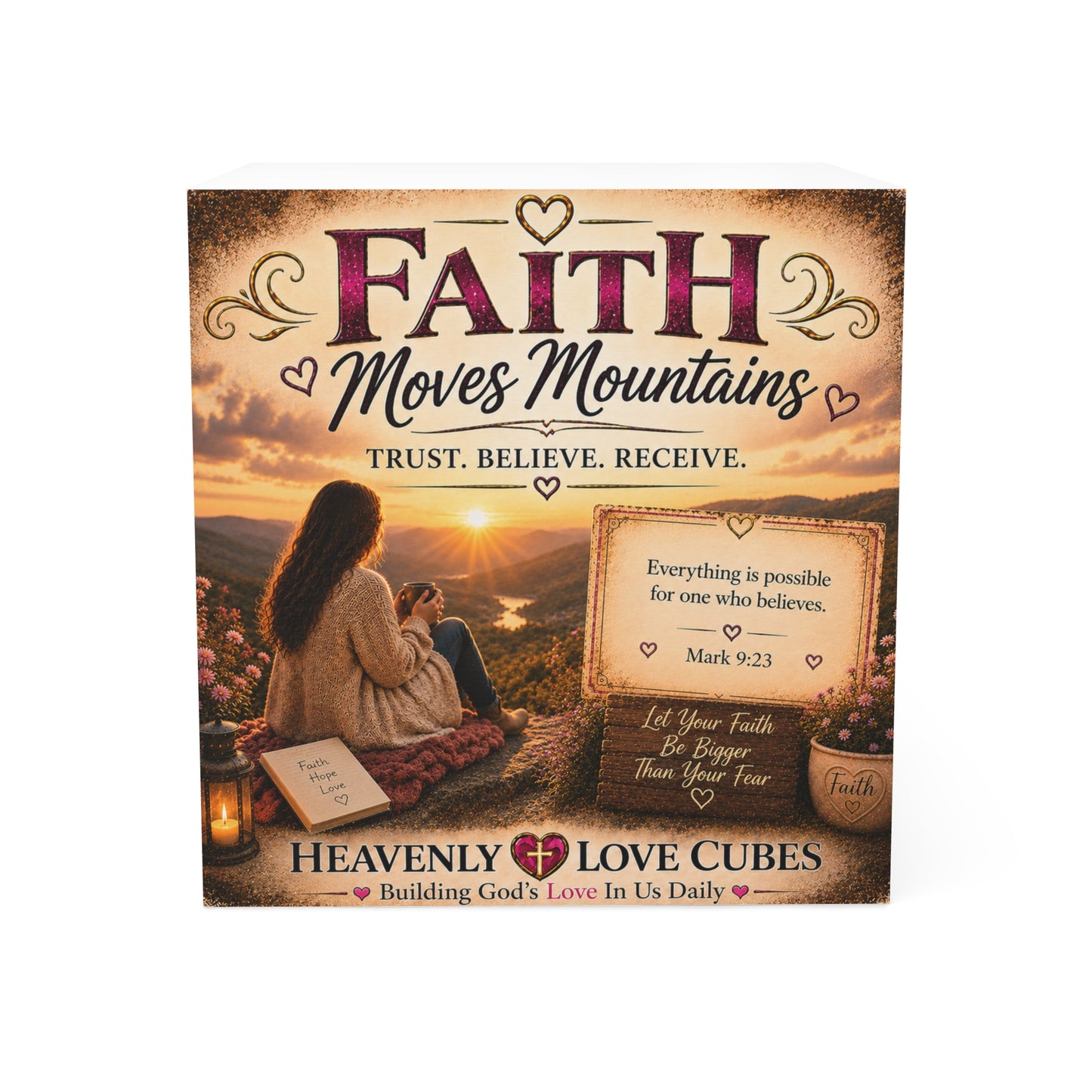 Heavenly Love Cubes Faith Moves Mountains  – Inspirational Religious Sticky Notes with Bible Verse (Mark 9:23)