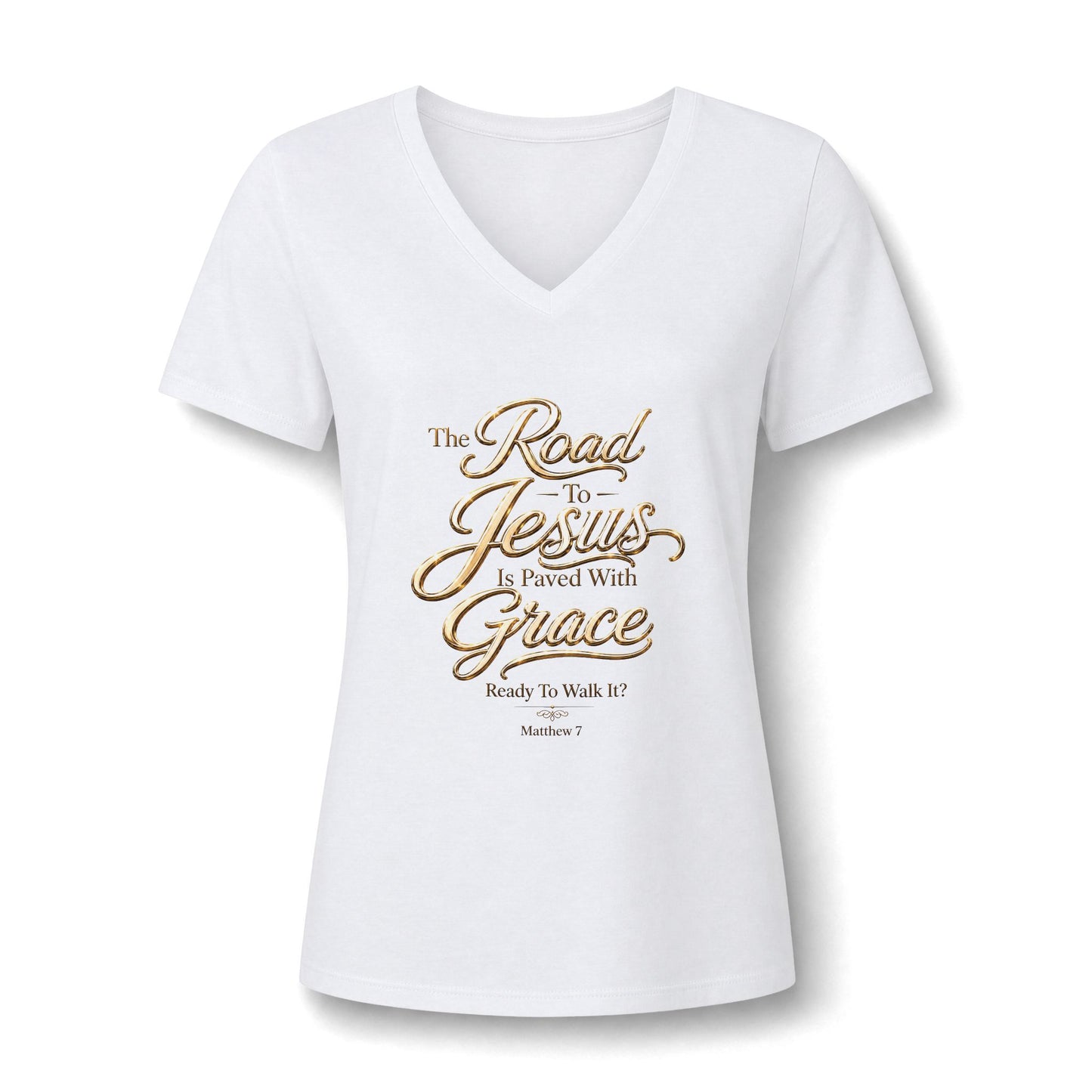 Christian V-Neck Tee - "The Road to Jesus Is Paved with Grace" Inspirational Women's Shirt