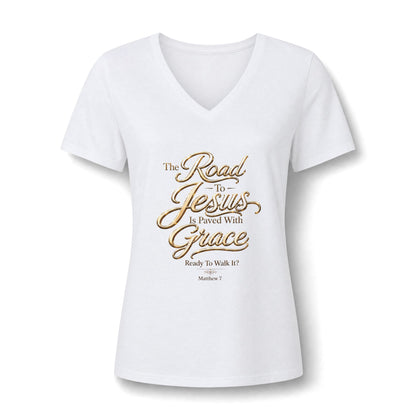 Christian V-Neck Tee - "The Road to Jesus Is Paved with Grace" Inspirational Women's Shirt