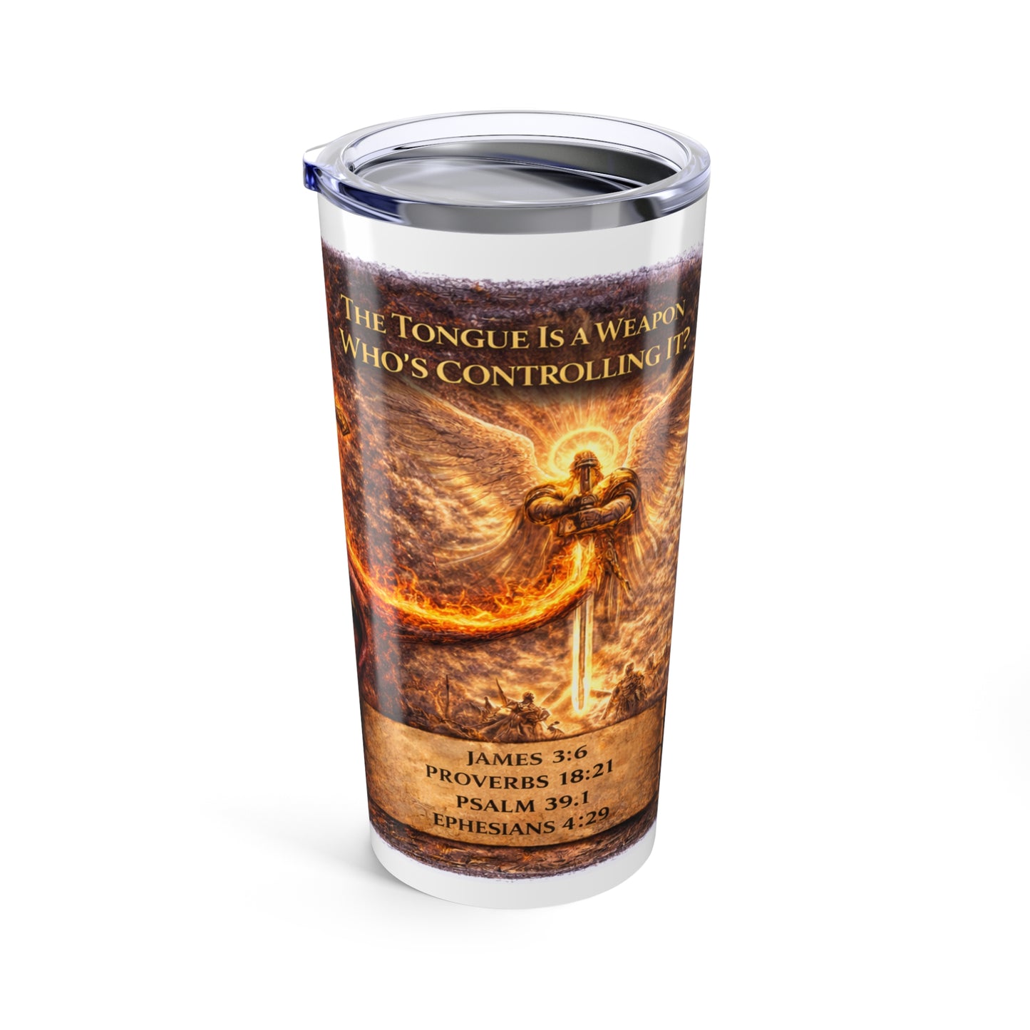 20oz Tumbler - Flaming Sword & Angel Wings Design- Inspirational Christian Travel Mug