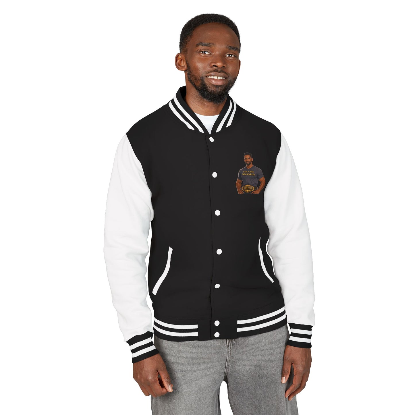 Letterman Jacket — "I Am a Man Who Walks in Truth" Graphic Varsity Jacket