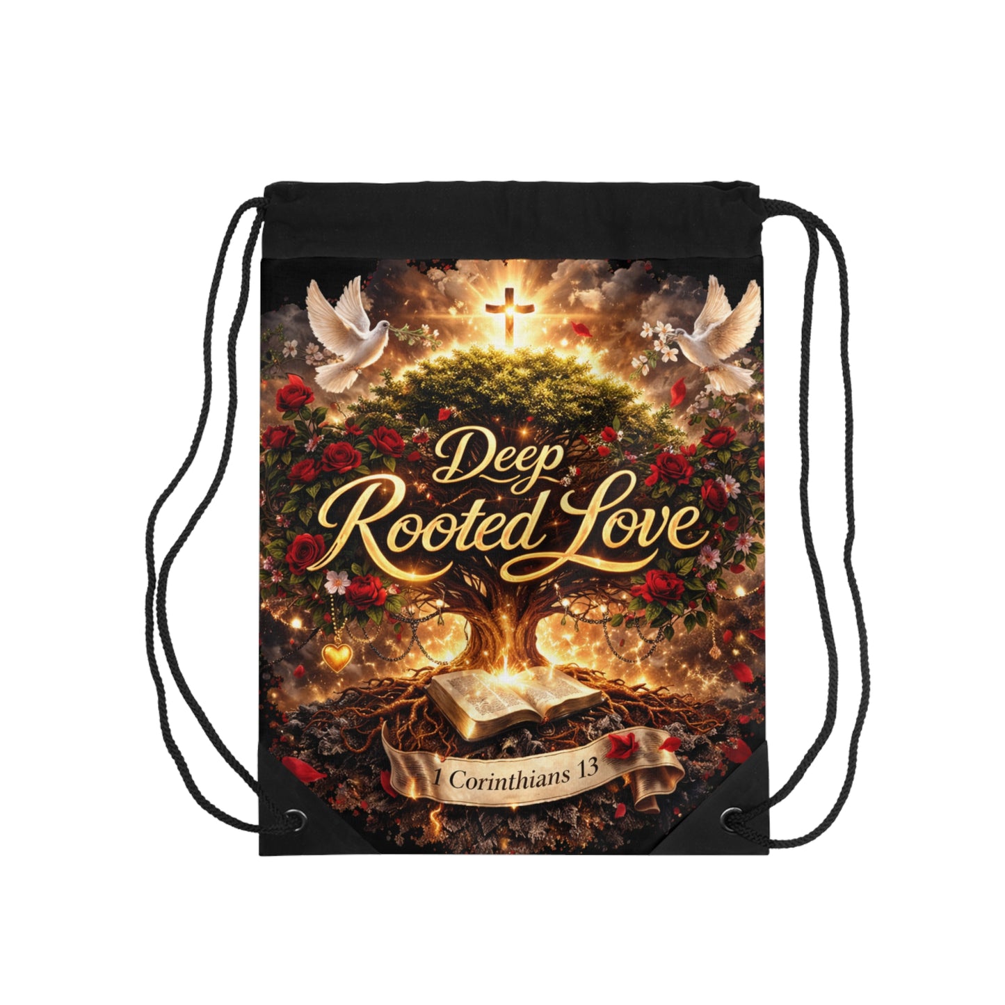 Deep Rooted Love Drawstring Bag — Corinthians 13 Christian Faith Backpack