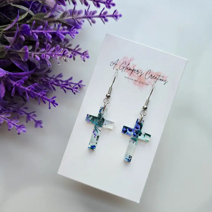 Blueberry Blossom Acrylic Cross Earrings