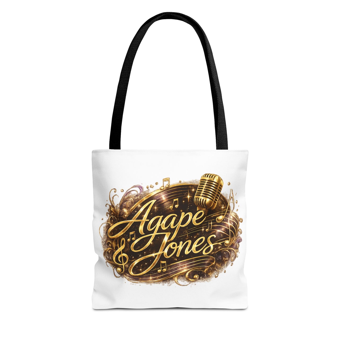 Music Microphone Tote Bag — "Agape Jones" Gold Script Design