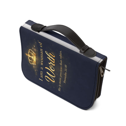 Bible Cover – "I Am a Woman of Worth" Zippered Bible Case (Proverbs 31:10)