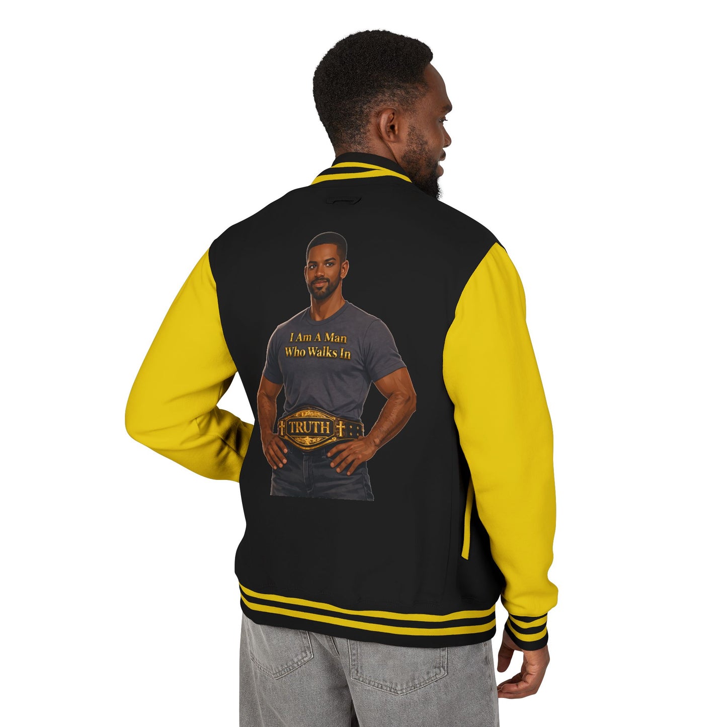 Letterman Jacket — "I Am a Man Who Walks in Truth" Graphic Varsity Jacket