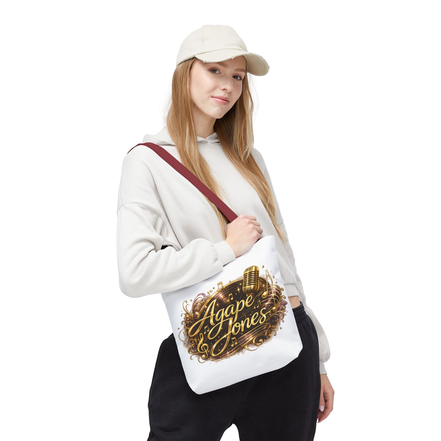 Music Microphone Tote Bag — "Agape Jones" Gold Script Design